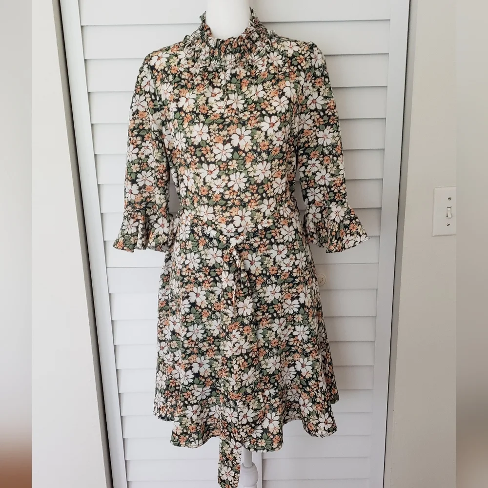 Allegra K Floral 3/4 Bell Sleeves Smocked Belted Flare Ruffle Dress Size S - Picture 5 of 16